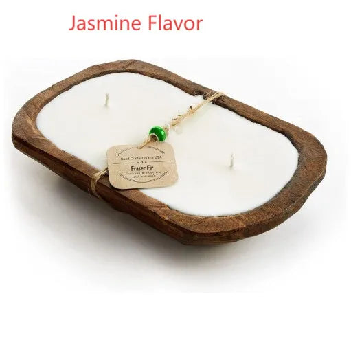 Lavender-coloured wooden basin containing a soy wax aromatherapy candle with three wicks.
