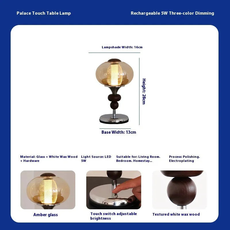 Solid wood palace style desk lamp with touch controls showing retro design