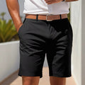 Men's light grey polyester business shorts with straight leg cut on hanger