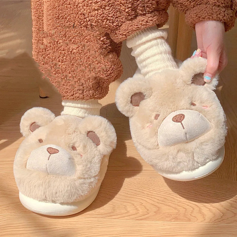 Women's cartoon pattern plush slippers with suede uppers in khaki, round toe design