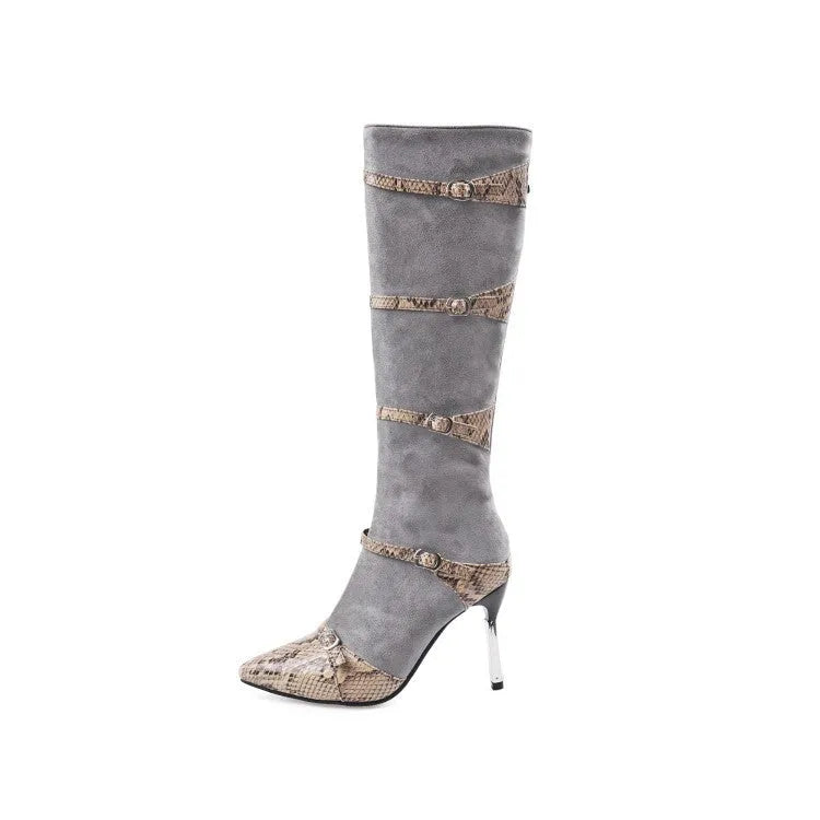 Grey women's knee high boots with a thin high heel and pointed toe on a plain background.