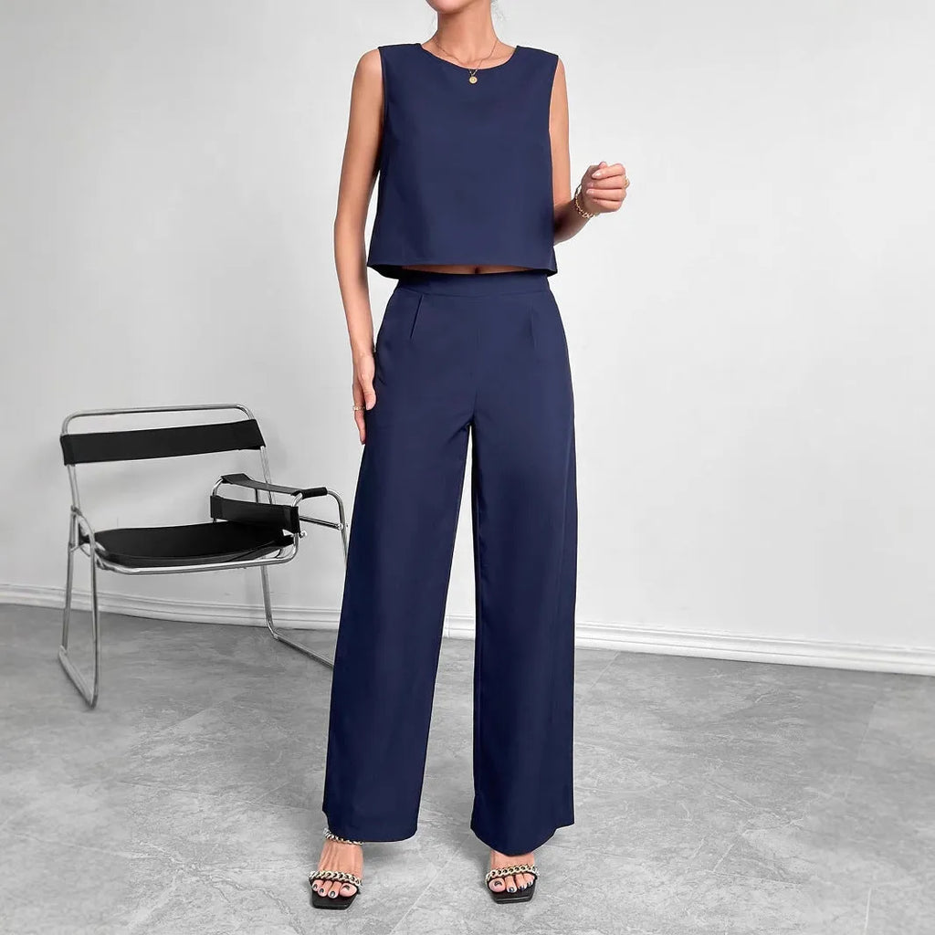 Women's sleeveless top and wide leg trousers two-piece set in red or navy blue