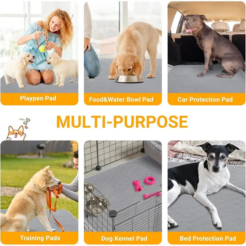 Pack of grey and tan washable, reusable dog pee pads in various sizes on a wooden floor.