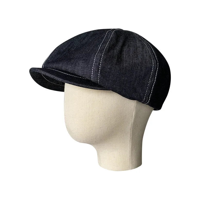 Black Japanese denim cotton beret hat with retro octagonal design