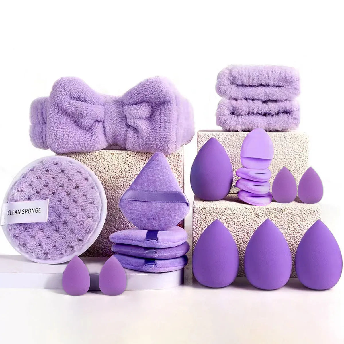 Hydrophilic non-latex beauty brush set with face washing and makeup application tools in brown, pink, or purple colours