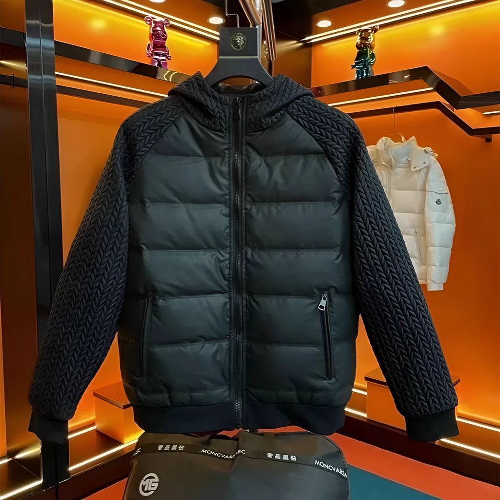 Men's black thick slim-fit hooded winter coat in polyester fibre on model