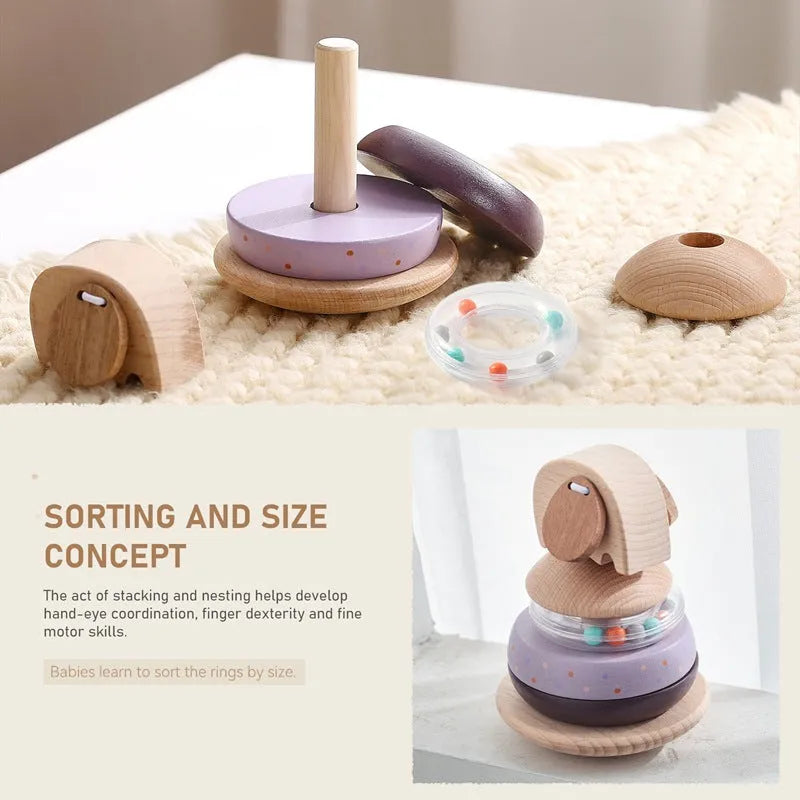 Baby wooden stacking post set of shapes with elephant bell colour option in cowhide box
