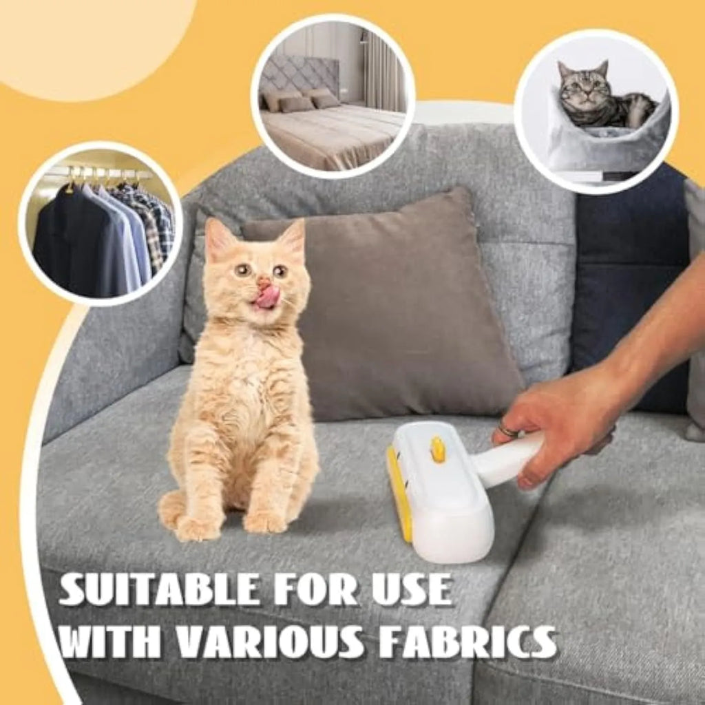 White portable pet hair remover roller with a yellow cartoon duck design on a table.