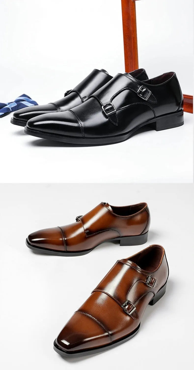 Men's leather shoes with square toe design in black and light brown colours