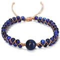 Handmade woven geometric pull bracelet with adjustable cord in blue tigereye or amethyst stone beads