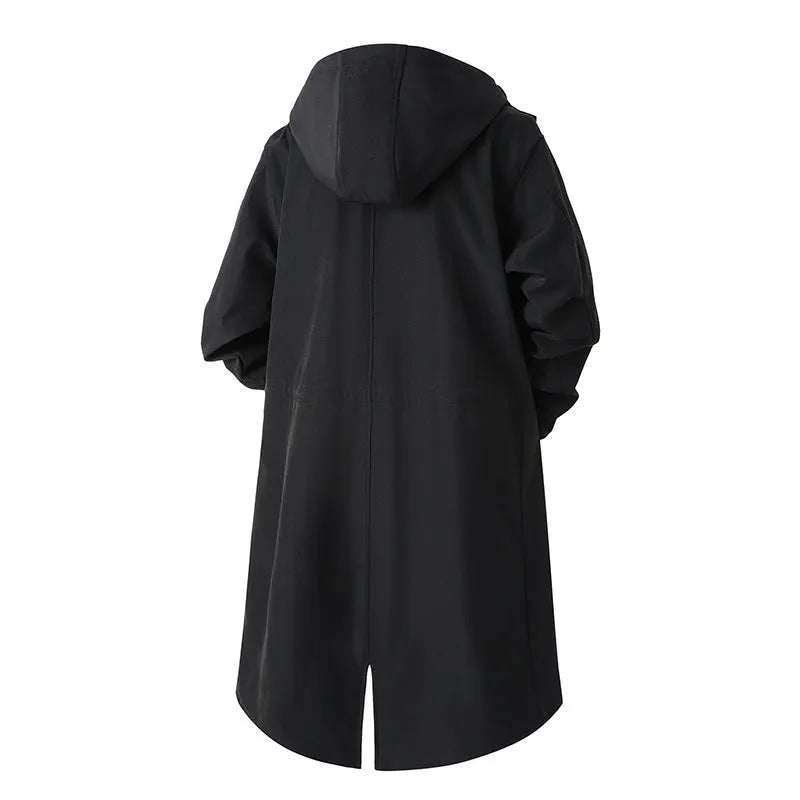 Men's solid color large size mid-length hooded trench coat in black, front view, standing on plain background