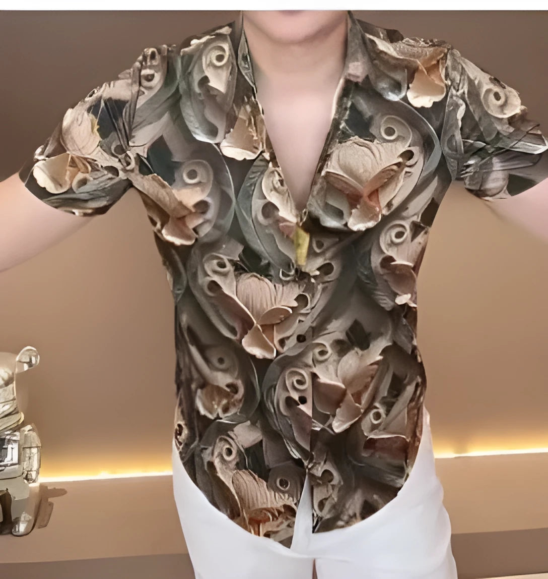 Men's fashion print shirt with all-over multicolor design, long sleeves, and button front, shown on a model.