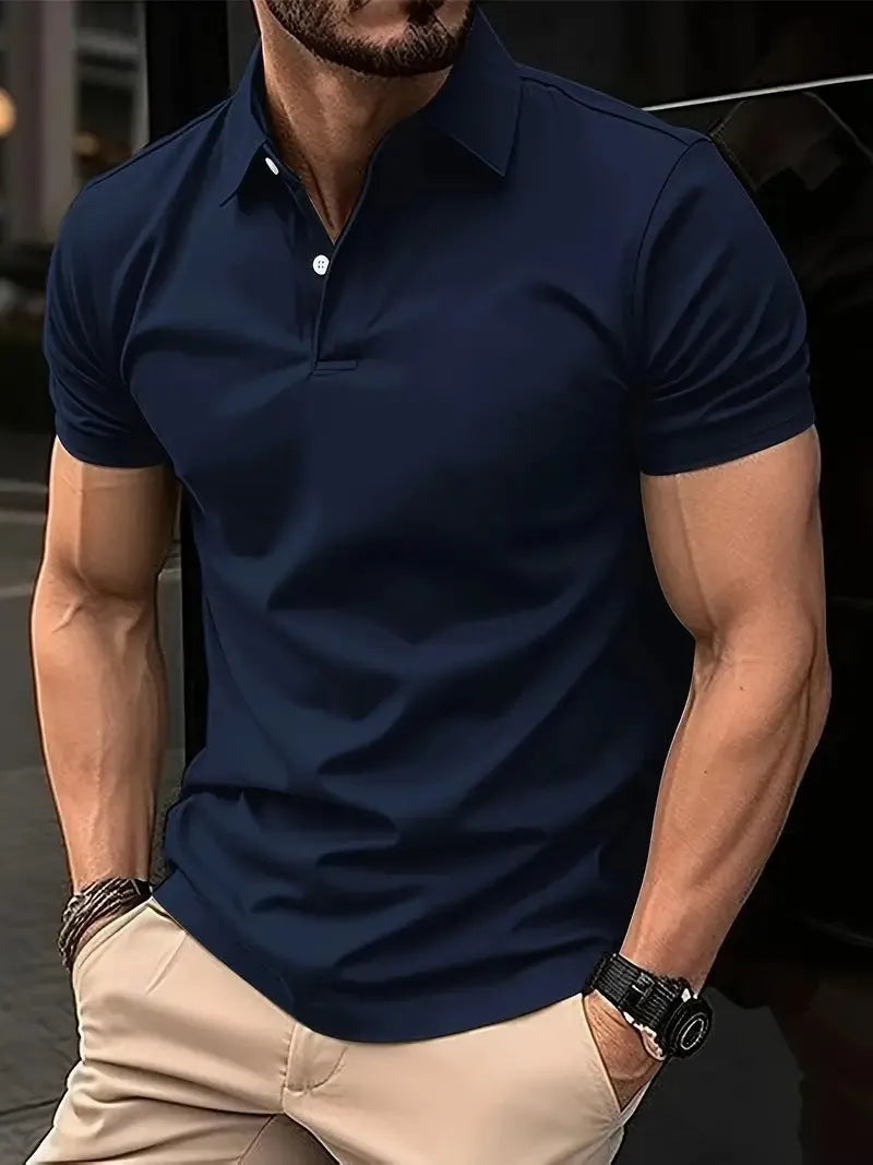 Men's slim fit button-front short sleeve casual shirt in a solid colour on a hanger.