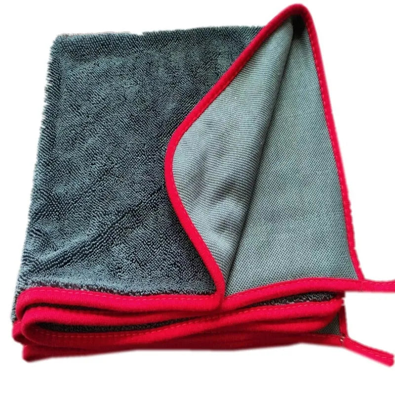 Grey car wash towel with spiral hair texture and contrasting border trim in multiple size options