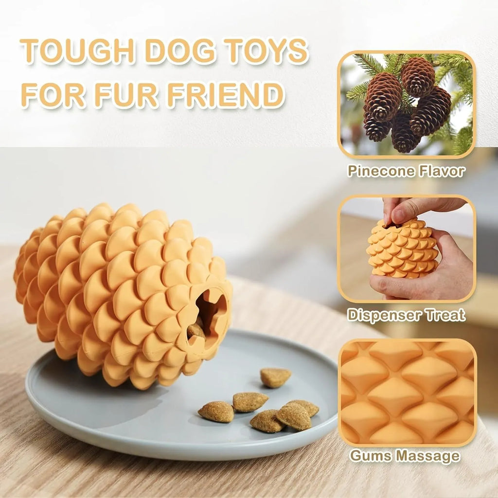 Pine cone shaped natural rubber dog chew toy with treat dispenser for medium and large dogs