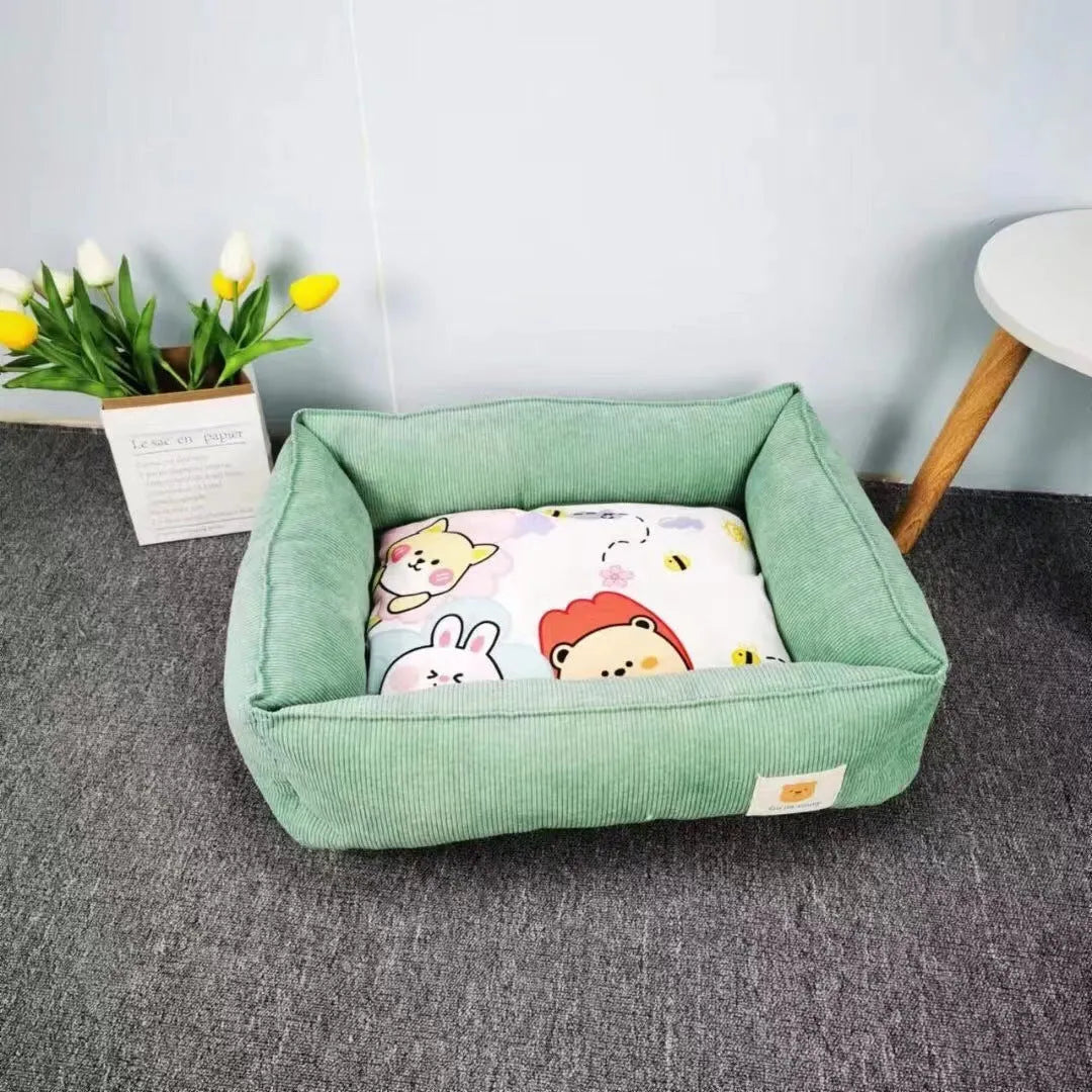 Light blue washable cotton pet winter nest for dogs and cats on a floor.