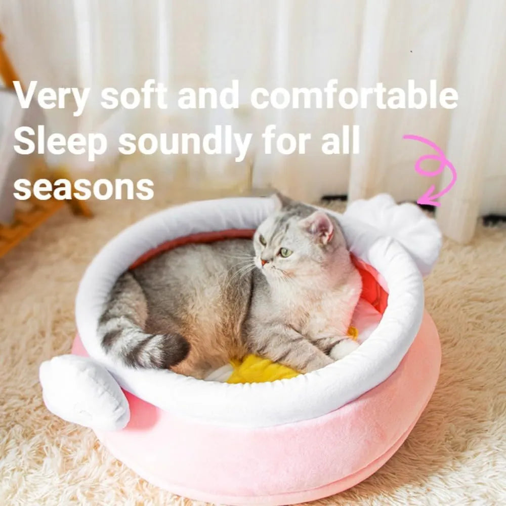 Honey pot shaped cat sofa bed with magic wands in soft pink fabric with removable cushion
