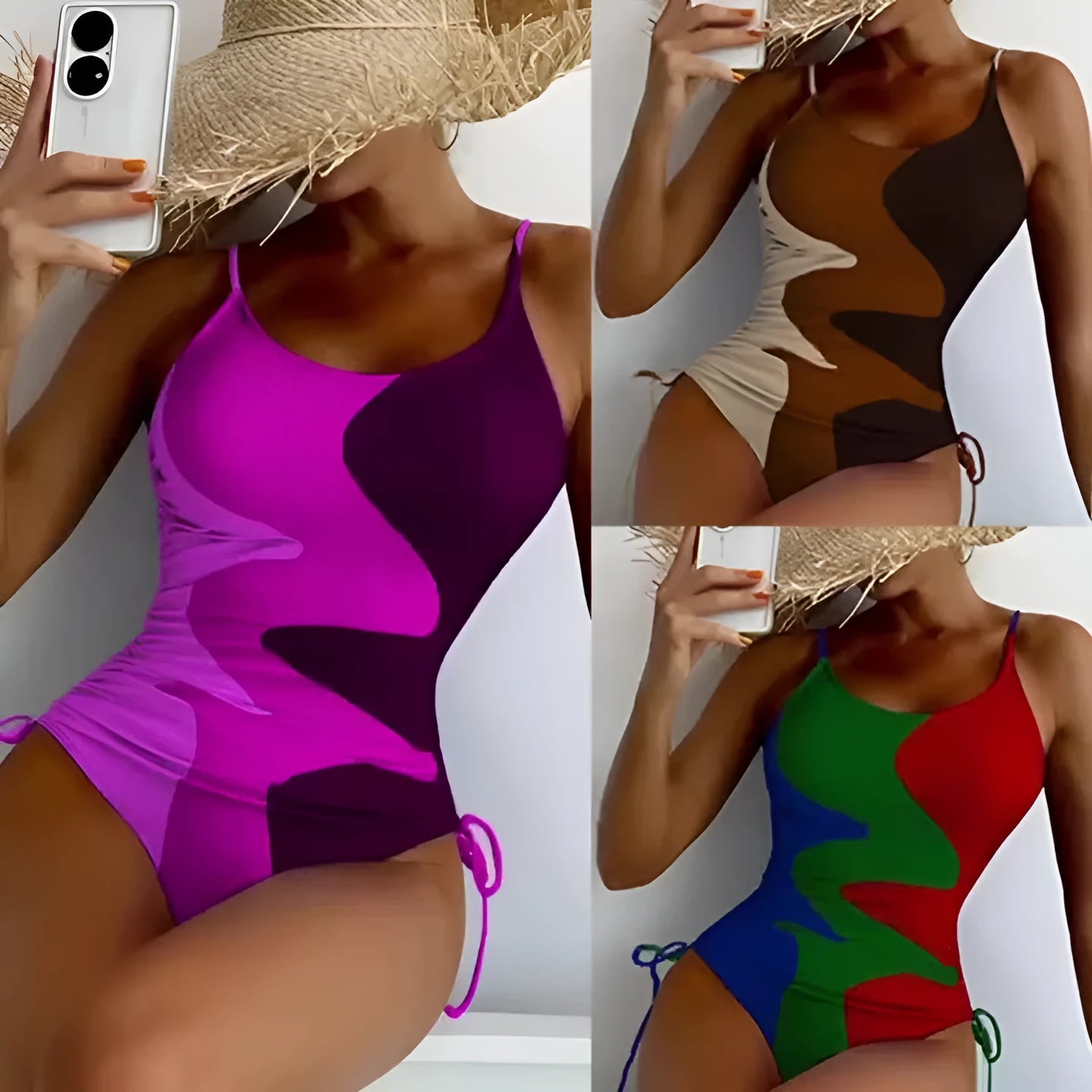 Women's sleeveless backless one-piece swimsuit in blue, purple, brown, or green colours