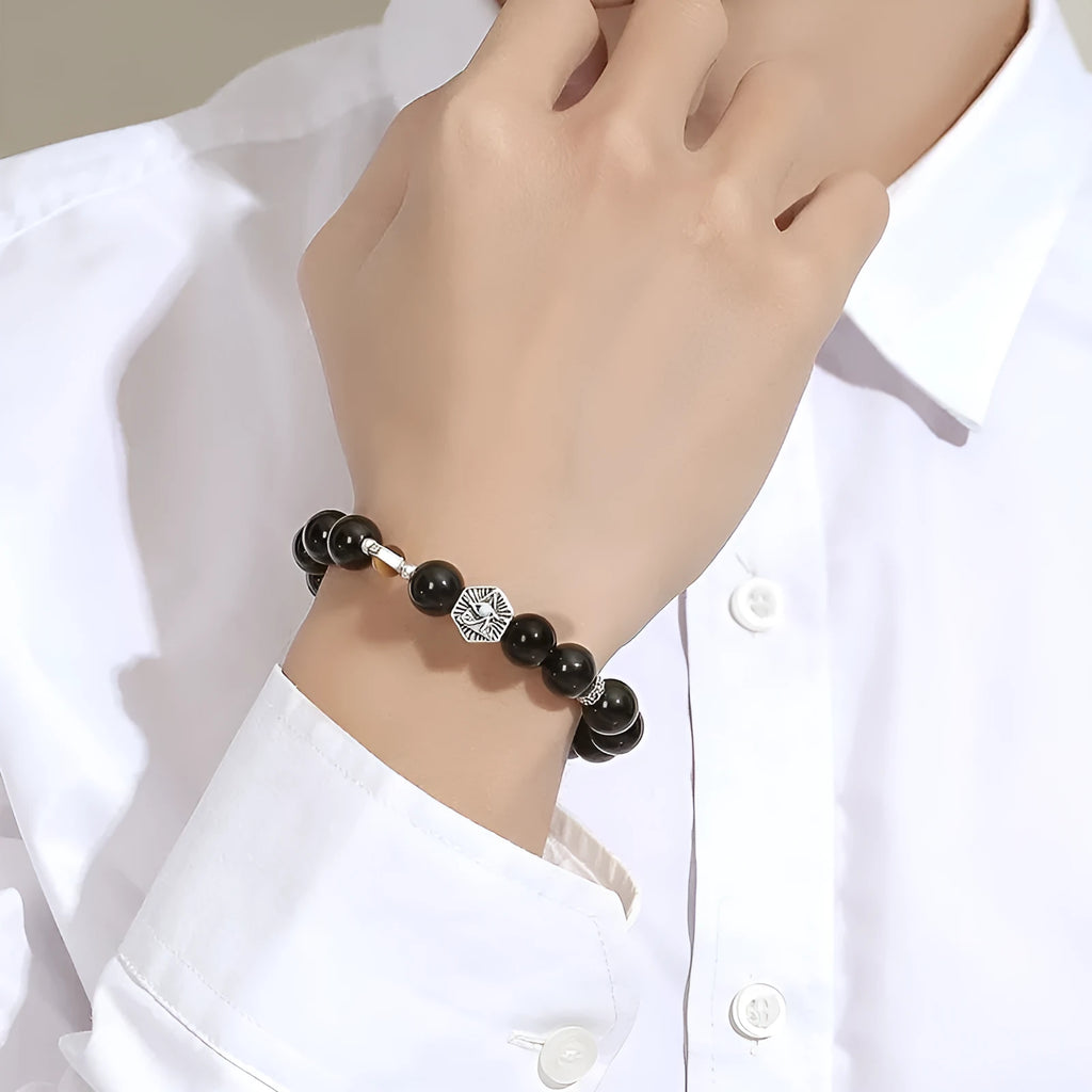 Men's God's Eye obsidian bracelet in S925 sterling silver with 8mm geometric beads