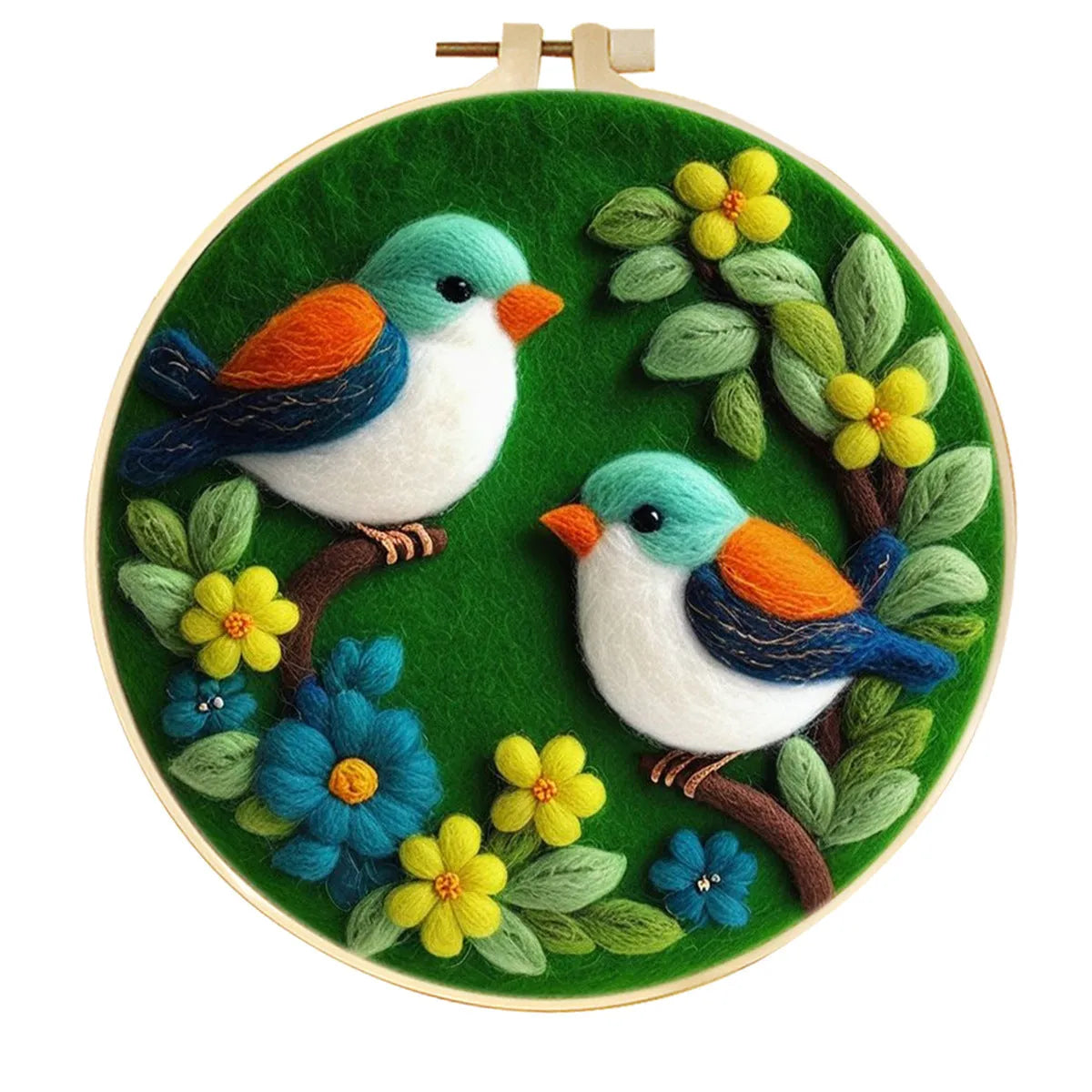 Round 20x20 cm linen embroidery kit with wool felt pieces for floral design and included embroidery frame.