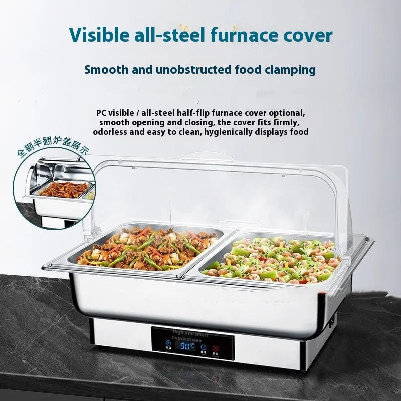 Stainless steel transparent flip buffet stove with LCD temperature control showing multiple grid configurations
