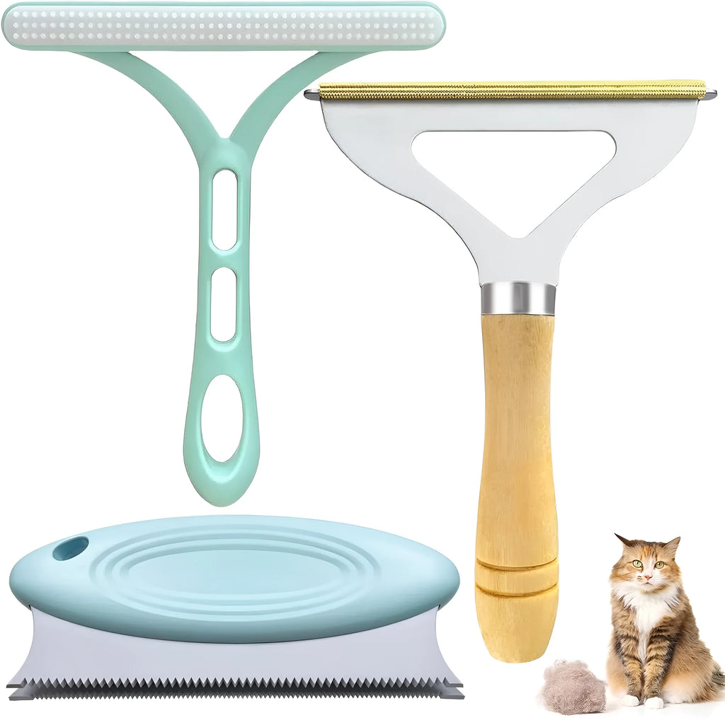 Three-piece pet hair remover set with beech wood handle, silicone brushes, and round plastic cleaner.