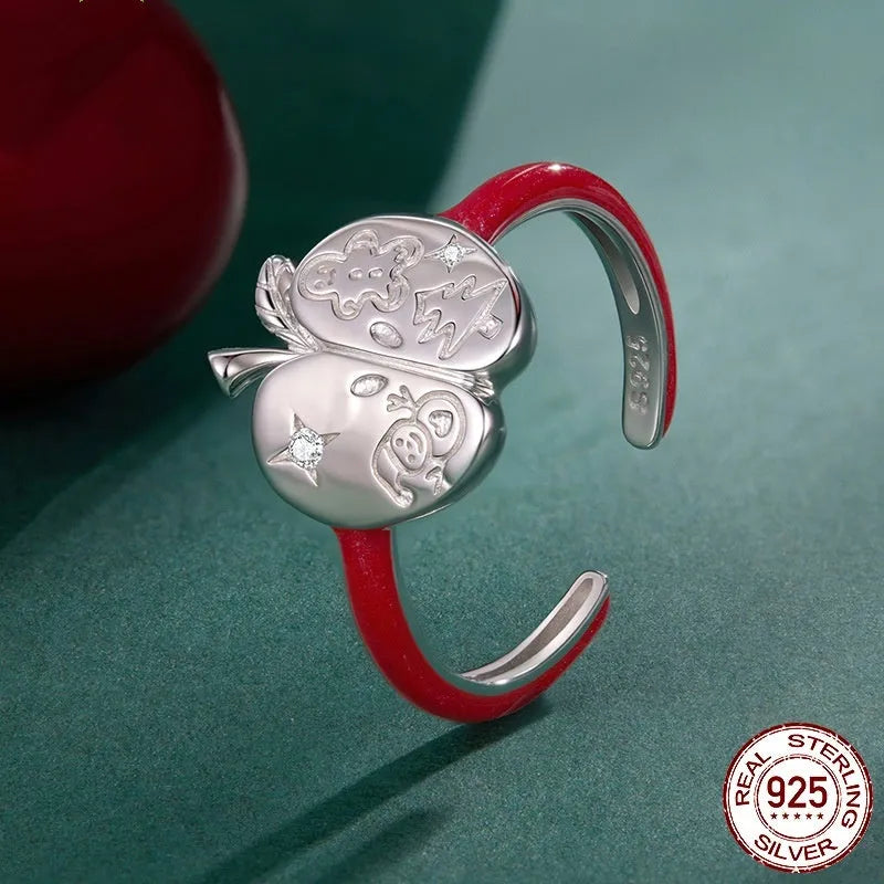 Christmas romantic S925 silver open mouth ring with drip oil finish in BSR720-E colour for women