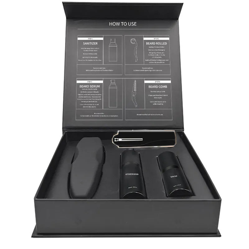 Men's beard grooming kit with beard roller, disinfectant, and SPF50 moisturiser in Suit series Style A packaging