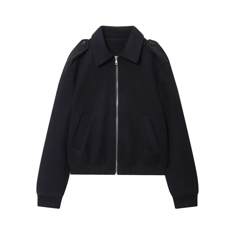 Women's navy blue turn-down collar PU faux leather coat with zipper closure and long sleeves