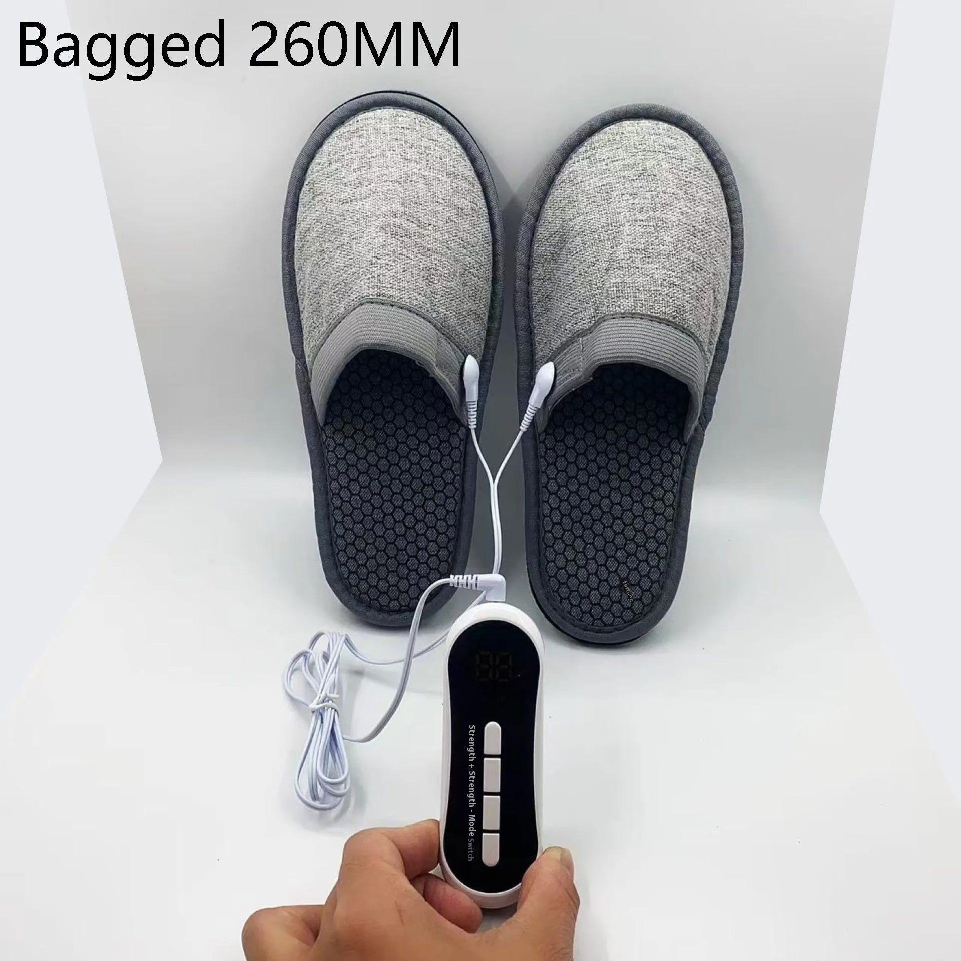 Gray micro current massage slippers with pulse electrode therapy, linen upper and non-slip sole