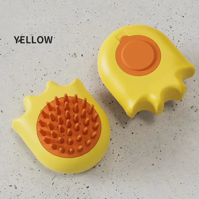 Blue pet bath brush with a shampoo reservoir and soft comb head for washing dogs or cats.