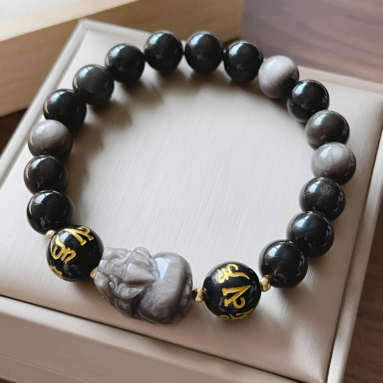 Handcrafted silver stone bracelet for men with Chinese zodiac proverbs on beads