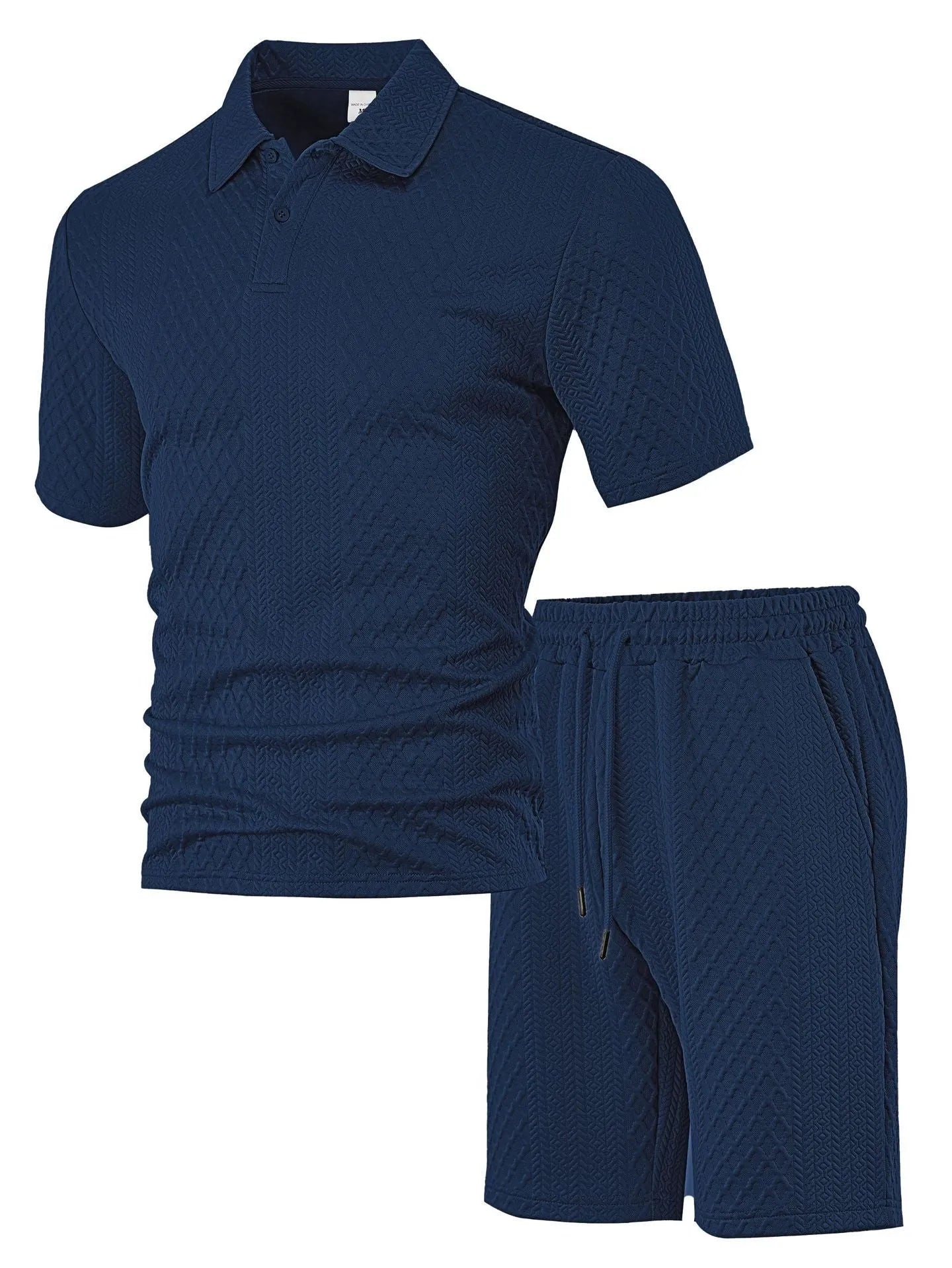 Men's patterned cloth short sleeve polo suit in light blue, shown with matching trousers.