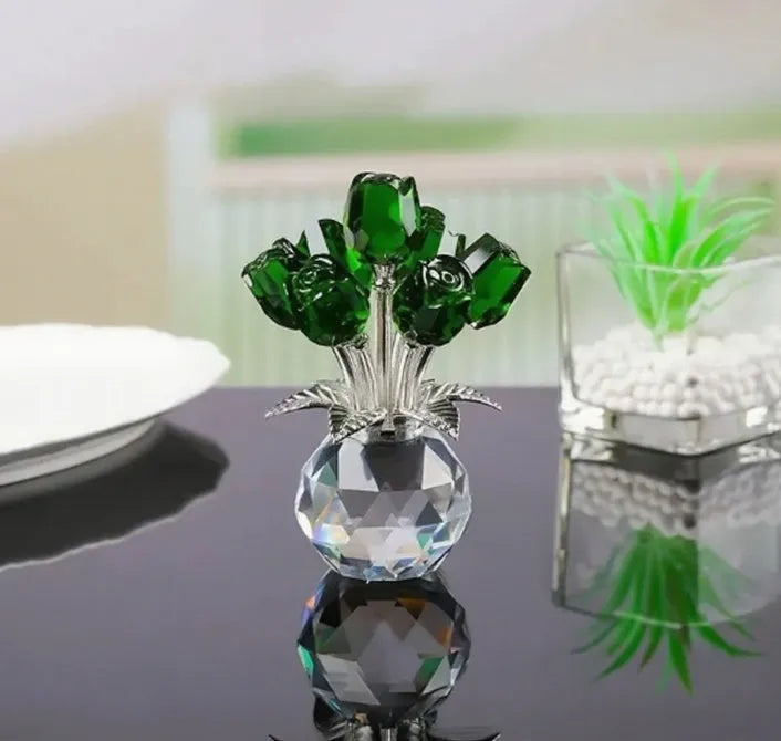Handmade K9 crystal glass rose ornament in geometric Chinese style on a table.
