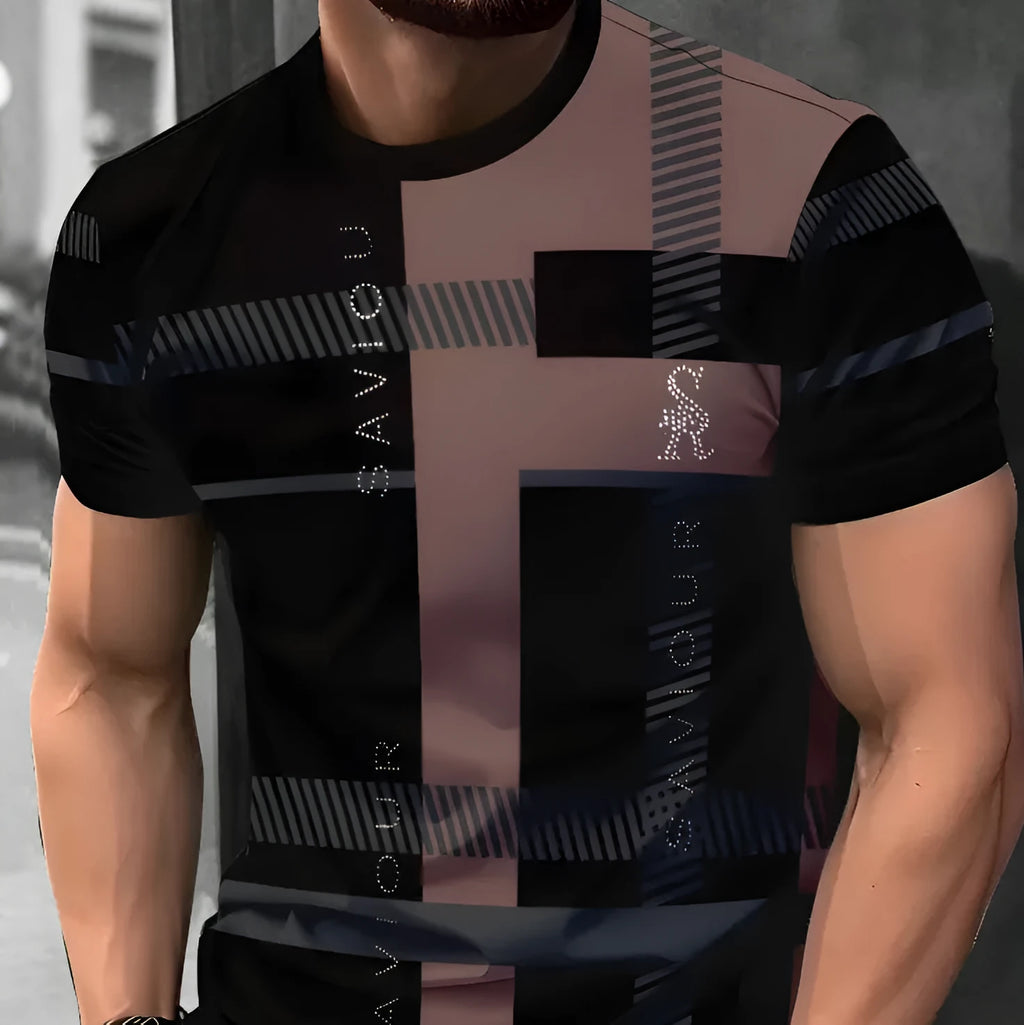 Men's loose fit short-sleeved T-shirt with digital 3D printed striped pattern