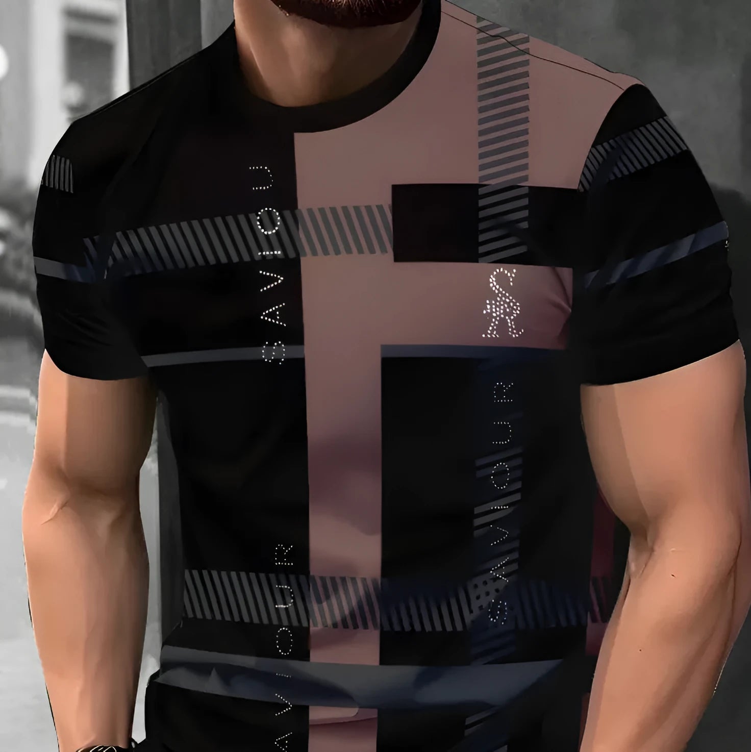 Men's loose fit short-sleeved T-shirt with digital 3D printed striped pattern