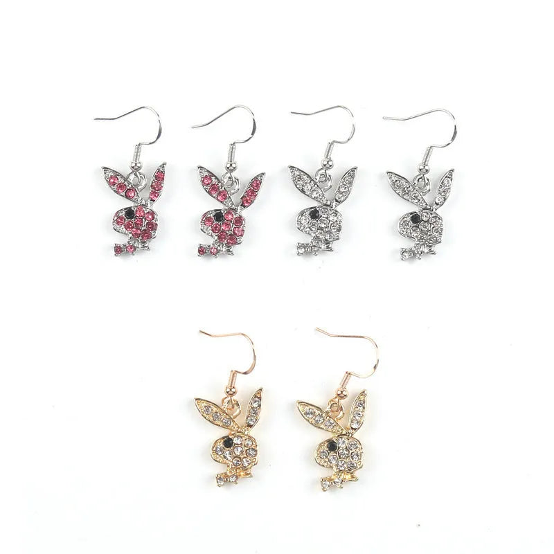 Rabbit-shaped stud earrings with diamond design in silver, pink, and gold alloy