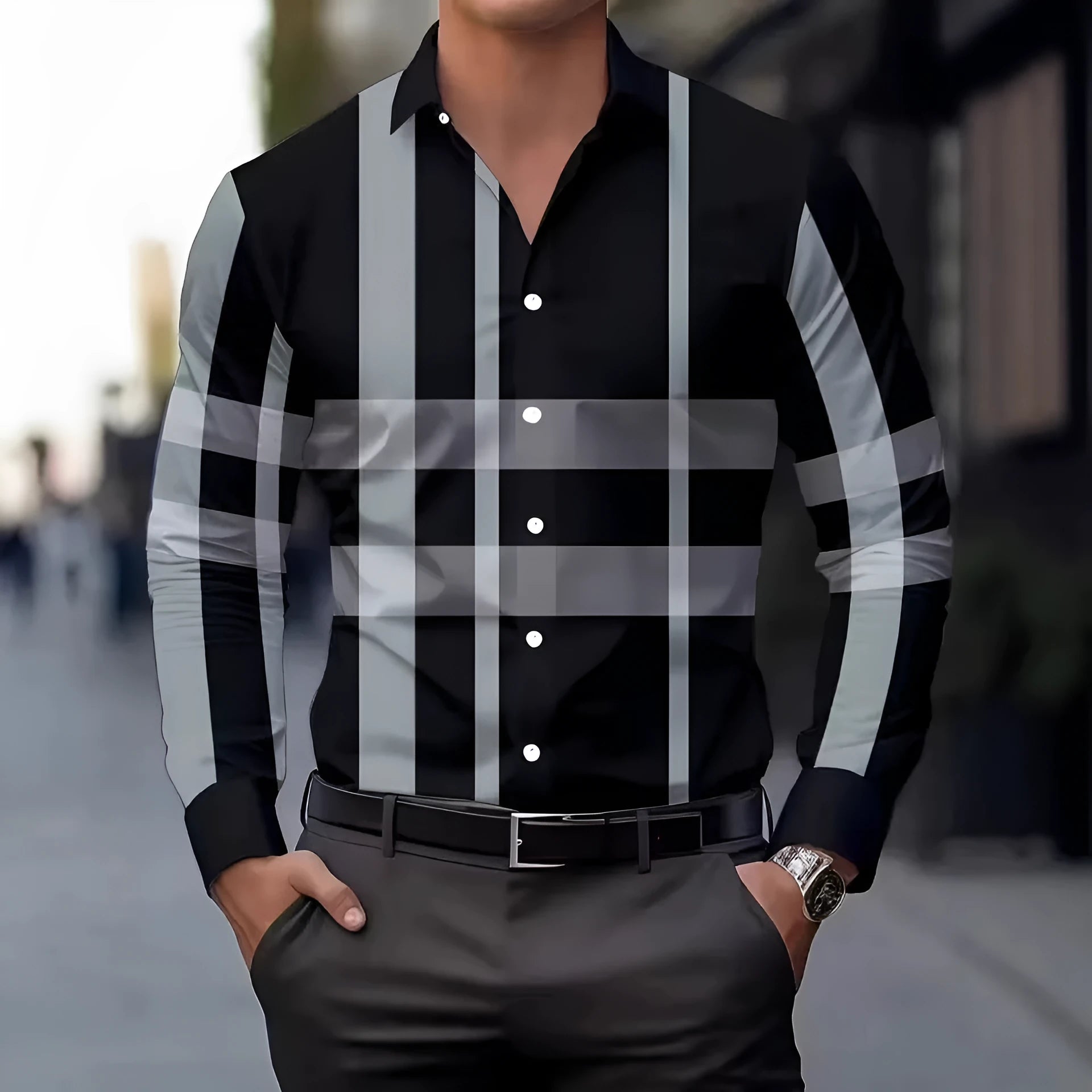 Men's striped long sleeve shirt with button lapel in a choice of colours