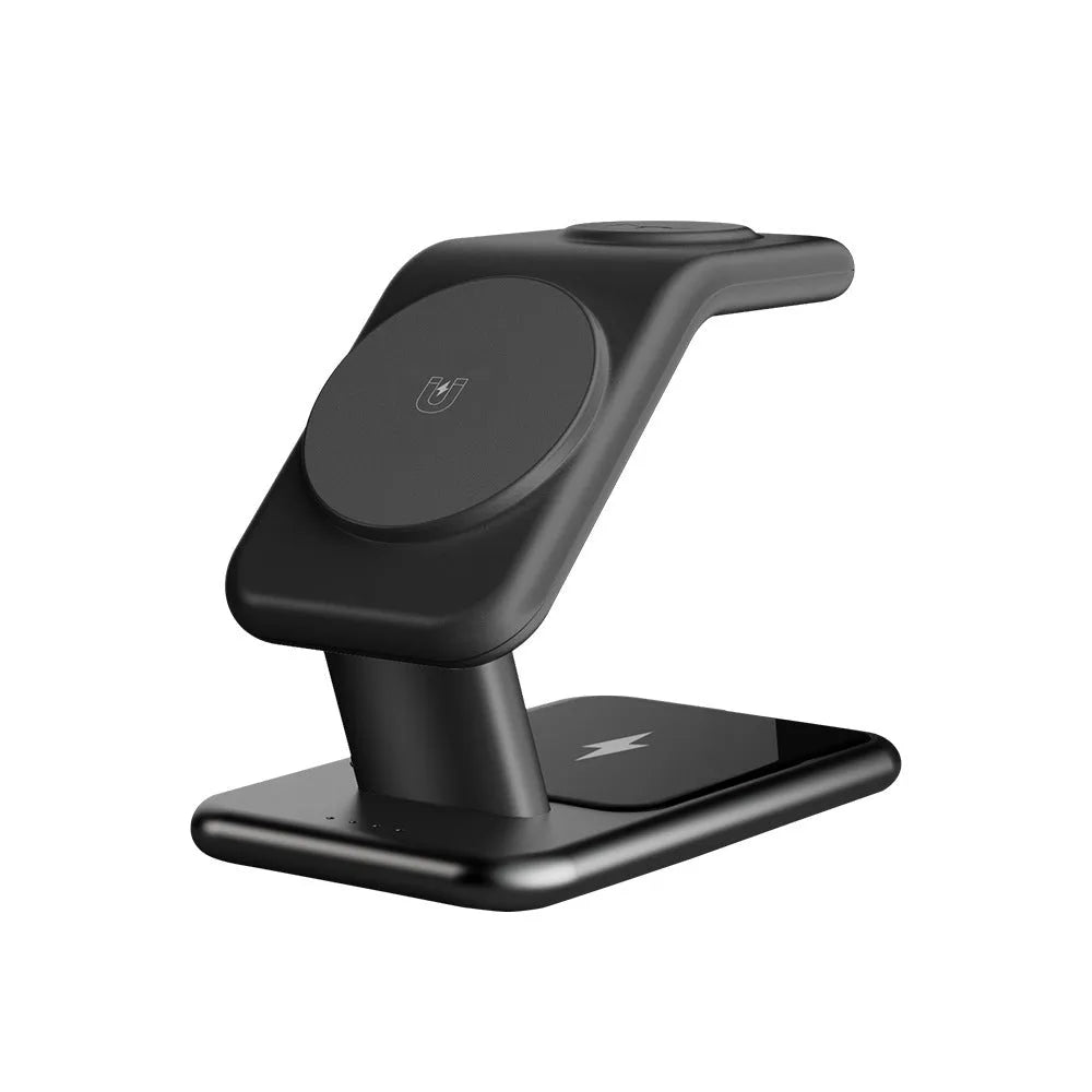 3-in-1 magnetic wireless charging bracket in ivory white showing phone, earphone, and watch charging positions