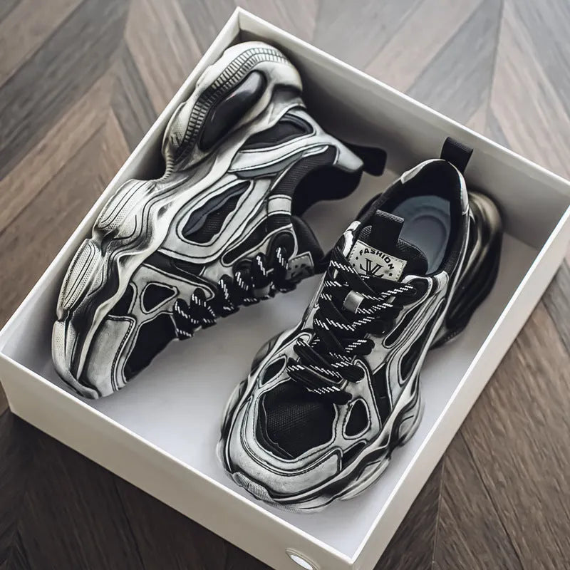 Men's black mesh sneakers with height increasing platform sole and cross belt design