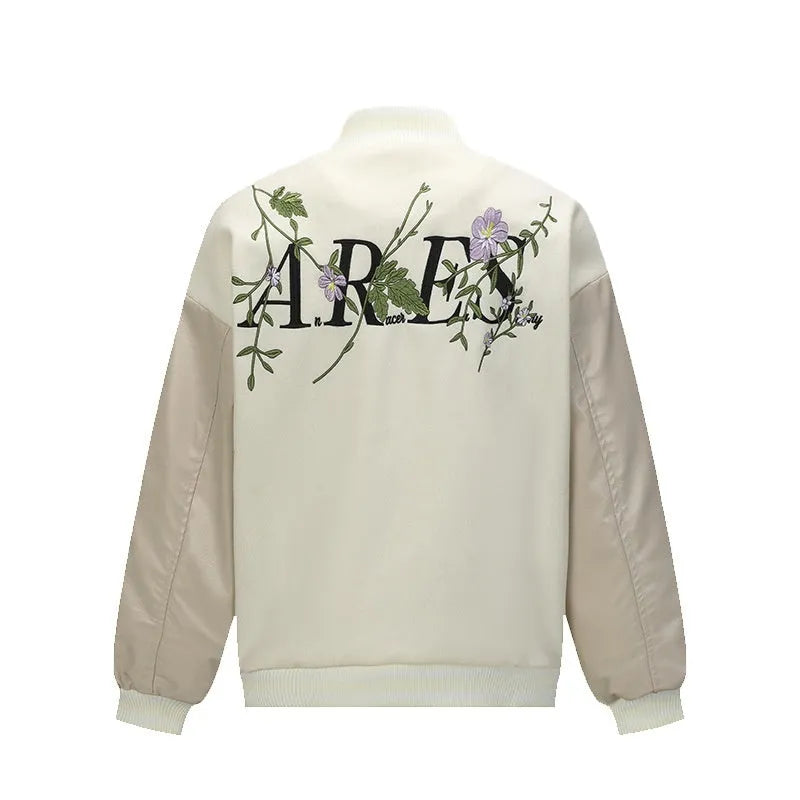 Men's retro plant flower embroidered coat in apricot loose fit polyester with side pockets