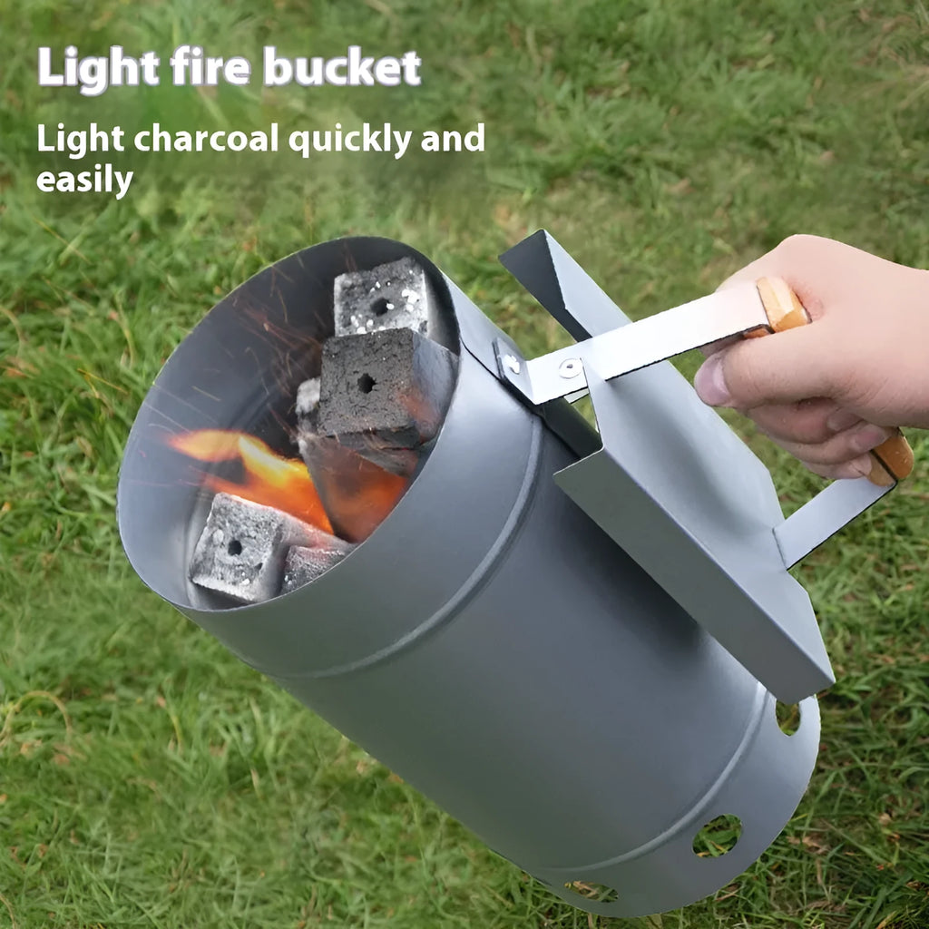Zinc-iron alloy outdoor charcoal fire igniter with bucket-style design and point carbon barrel