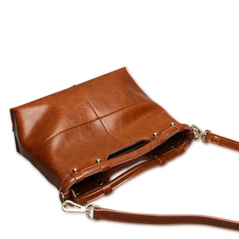 Genuine leather messenger bag for women in Black, European American retro style with sandwich pocket and single shoulder strap