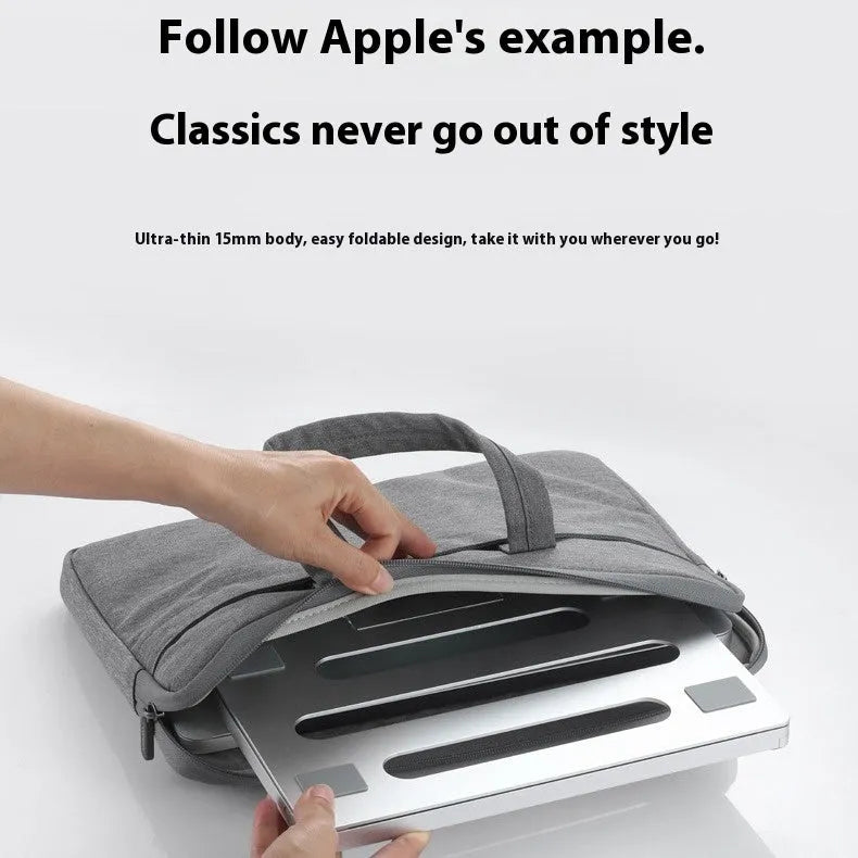 Silver aluminium folding laptop cooling stand with integrated fan showing dimensions 270x210mm