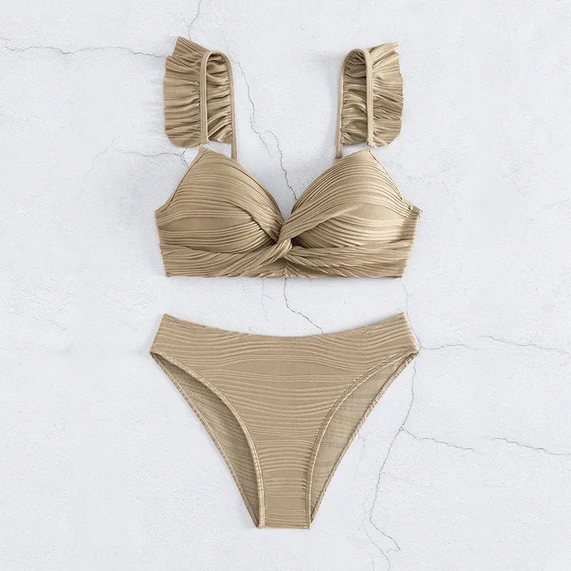Women's solid colour bikini swimsuit set in black or khaki polyester fabric