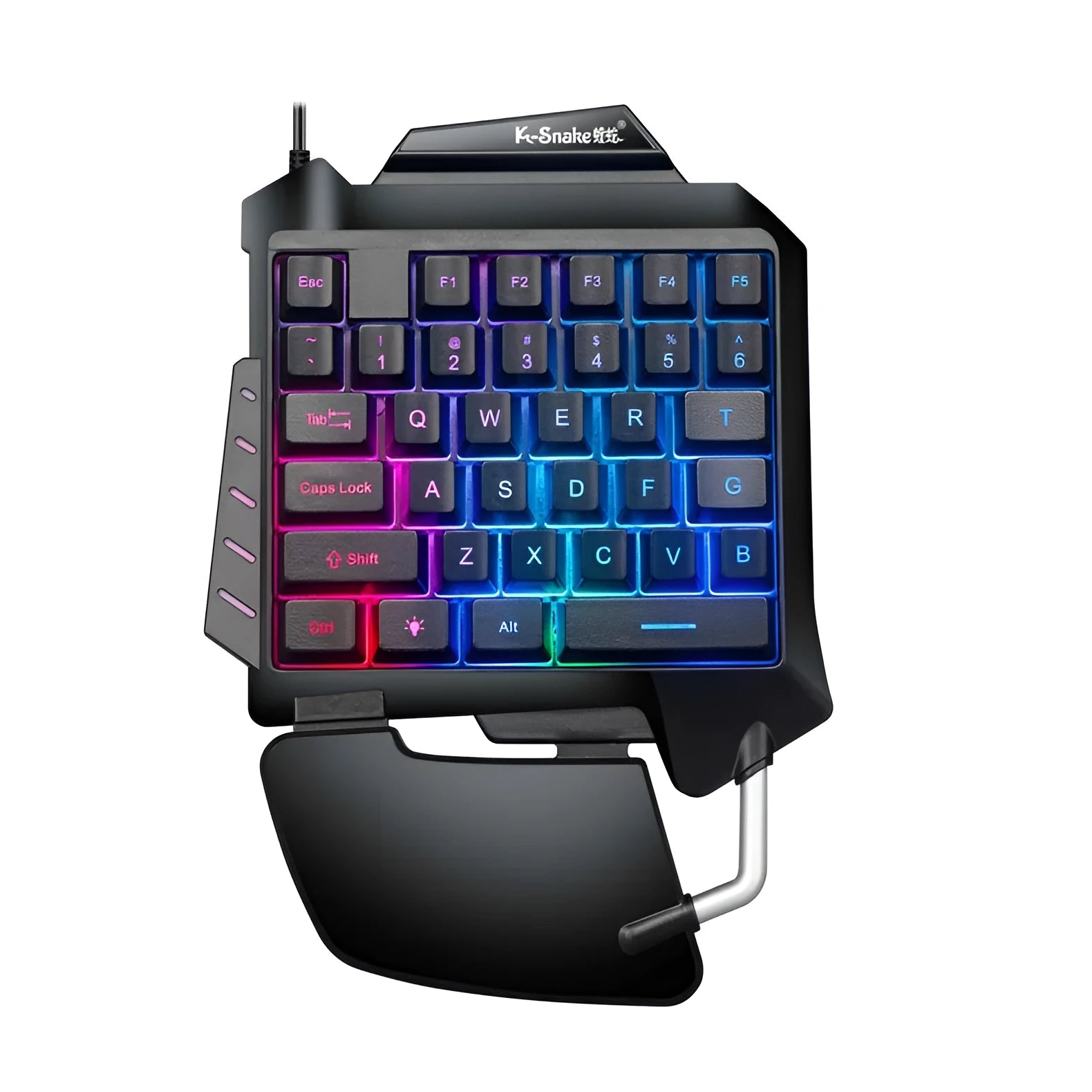 Black one-handed throne converter gaming keyboard with shortcut keys and integrated hand rest for left-hand control