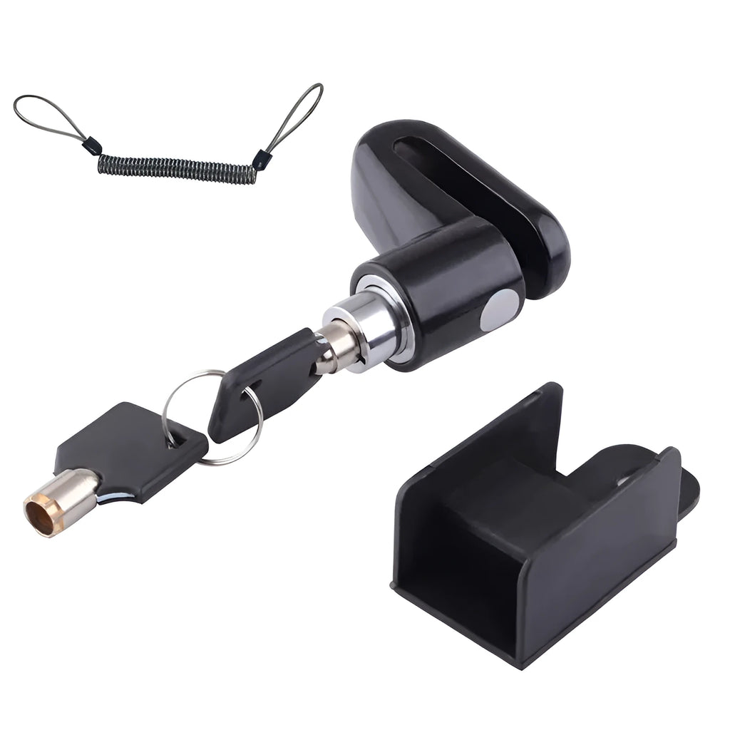 Iron disc brake lock for bicycle or mountain bike with red reminder rope on disc rotor
