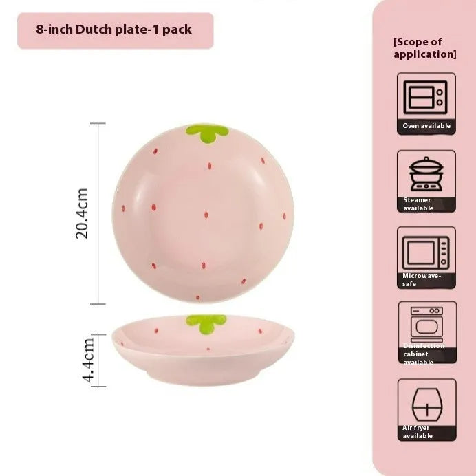 Strawberry pattern ceramic dinnerware set with flower bowls, straw hat plate, and twist spoon