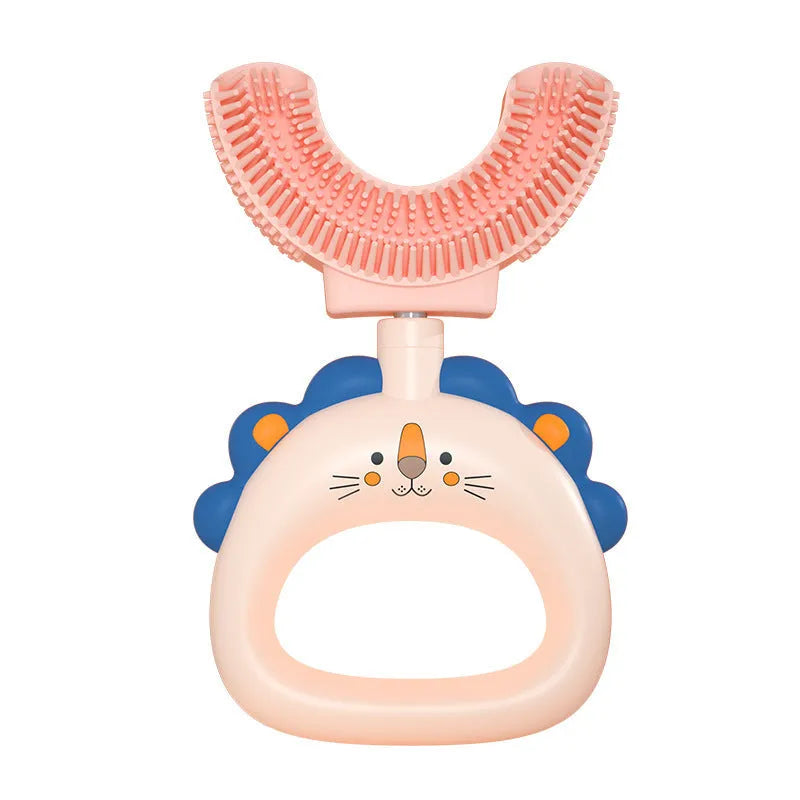 Children's U-shaped silicone toothbrush in blue and pink with little cute lion design for ages 2-14