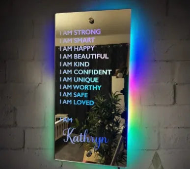 Personalised acrylic LED name mirror light with custom photo, soft glow, and remote control